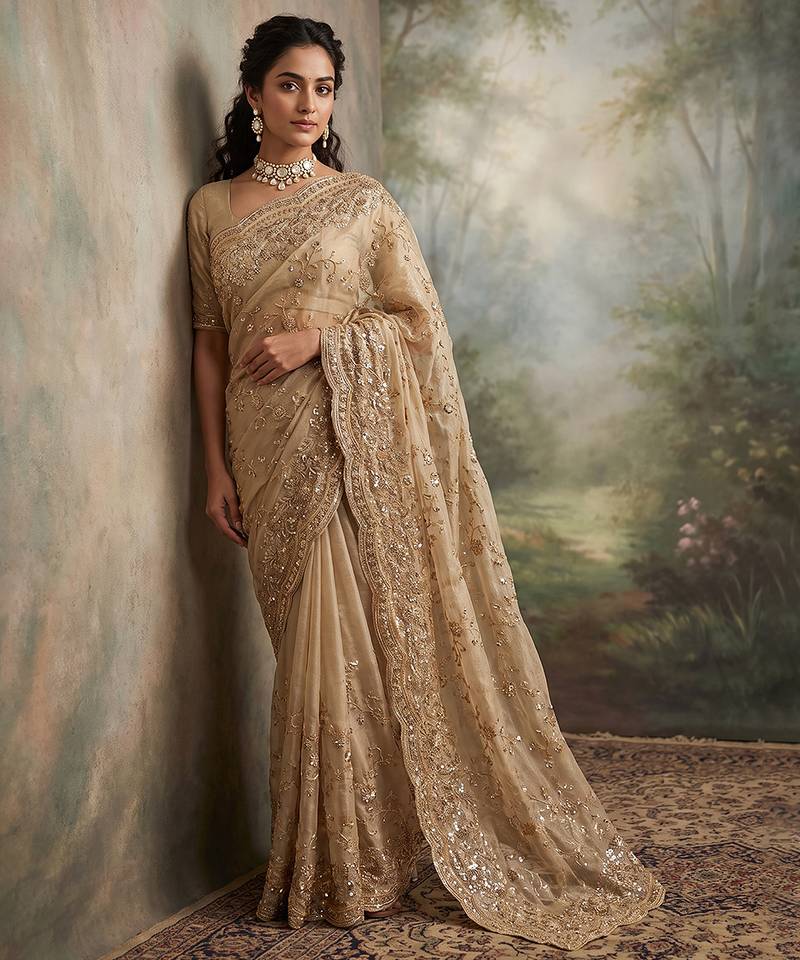 Champagne gold embroidered galaxy soft net saree