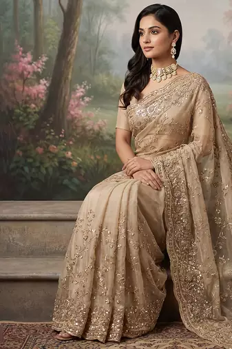Champagne gold embroidered galaxy soft net saree