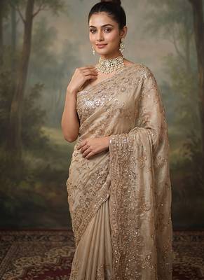 Champagne gold embroidered galaxy soft net saree 3