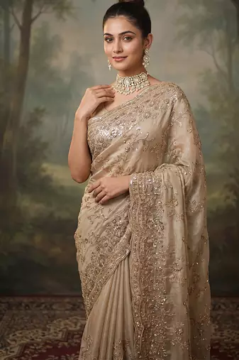 Champagne gold embroidered galaxy soft net saree