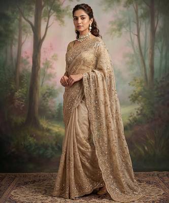 Champagne gold embroidered galaxy soft net saree 4