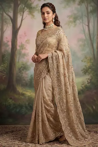 Champagne gold embroidered galaxy soft net saree