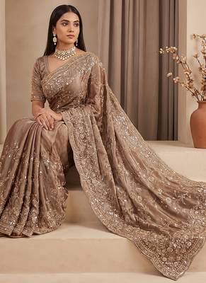 Champagne gold embroidered galaxy soft net saree 2