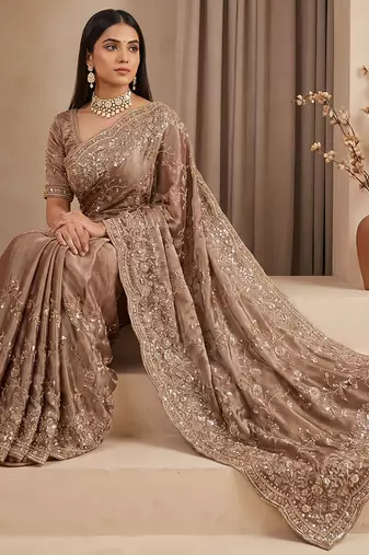Champagne gold embroidered galaxy soft net saree