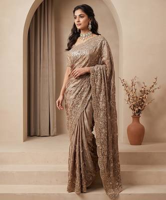 Champagne gold embroidered galaxy soft net saree 3