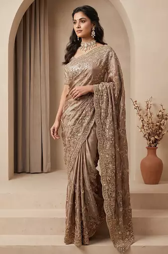 Champagne gold embroidered galaxy soft net saree