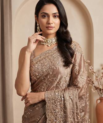 Champagne gold embroidered galaxy soft net saree 4