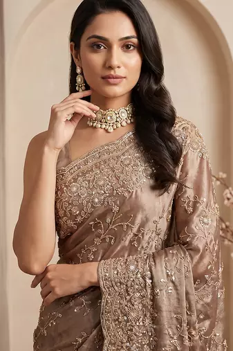 Champagne gold embroidered galaxy soft net saree