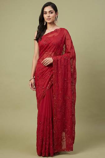 Red embroidered galaxy soft net saree