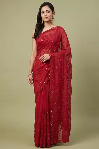 Red embroidered galaxy soft net saree