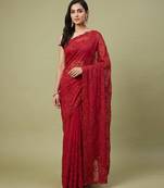Red embroidered galaxy soft net saree
