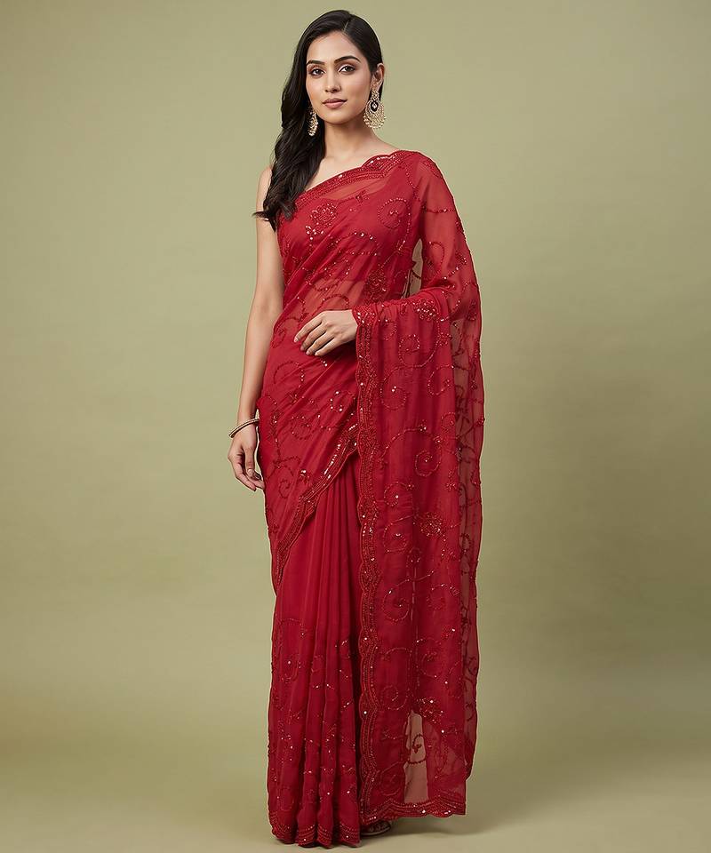 Red embroidered galaxy soft net saree