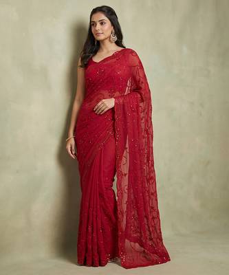 Red embroidered galaxy soft net saree 2