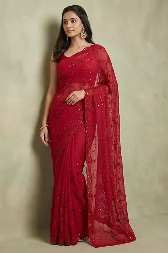 Red embroidered galaxy soft net saree