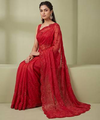 Red embroidered galaxy soft net saree 3