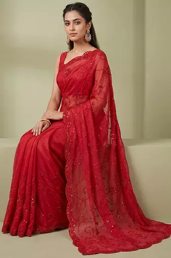 Red embroidered galaxy soft net saree