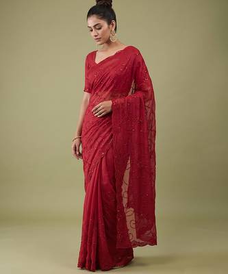 Red embroidered galaxy soft net saree 4