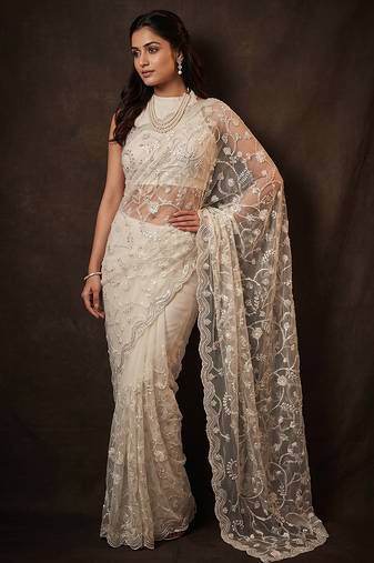 White embroidered net saree