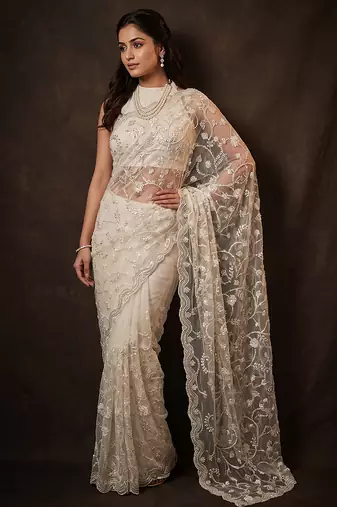 White embroidered net saree