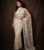 White embroidered net saree