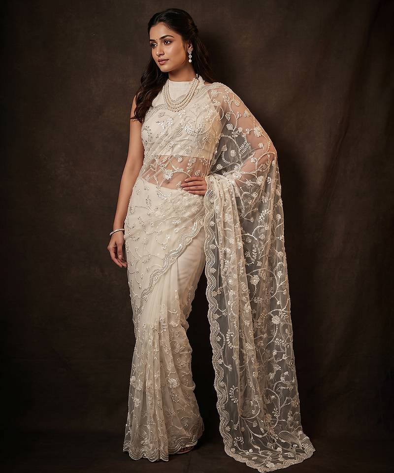 White embroidered net saree