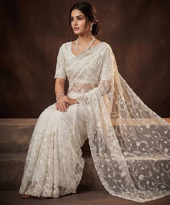 White embroidered net saree 2