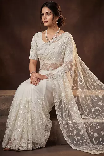 White embroidered net saree