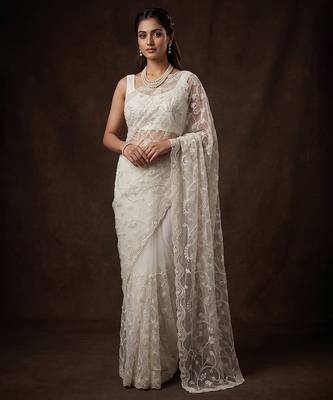 White embroidered net saree 3