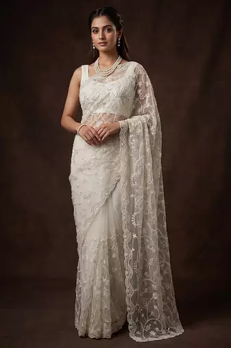 White embroidered net saree