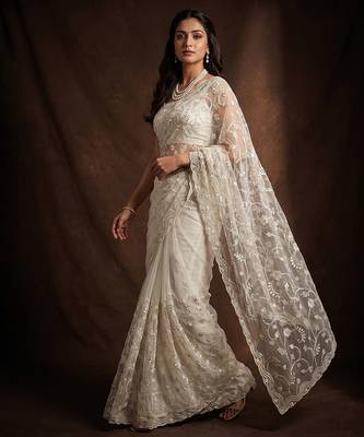White embroidered net saree 4