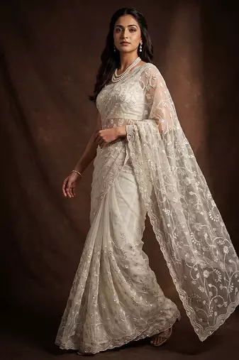 White embroidered net saree