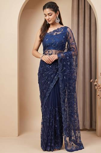 Blue embroidered net saree
