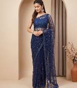 Blue embroidered net saree
