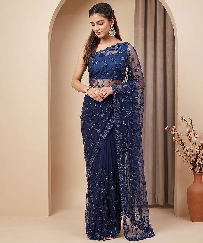 Blue embroidered net saree