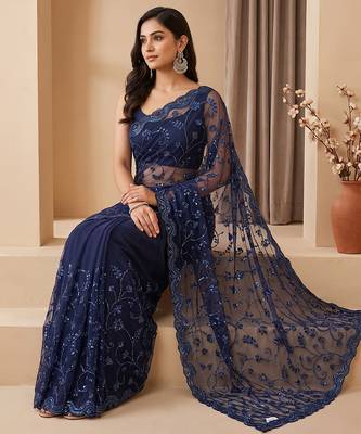 Blue embroidered net saree 2