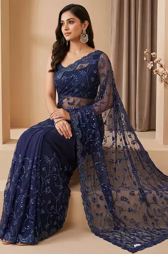 Blue embroidered net saree