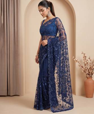 Blue embroidered net saree 3