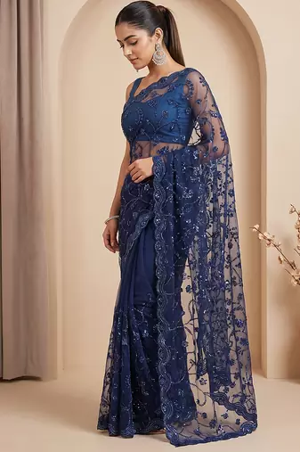 Blue embroidered net saree