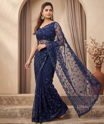 Blue embroidered net saree 4