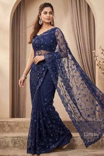 Blue embroidered net saree