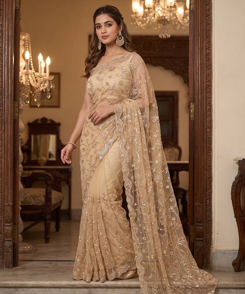 Beige embroidered net saree