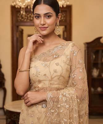 Beige embroidered net saree 2