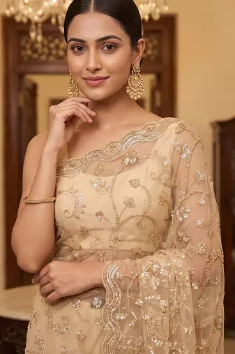 Beige embroidered net saree