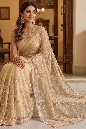 Beige embroidered net saree
