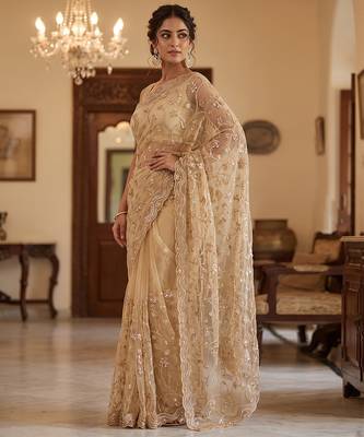Beige embroidered net saree 4