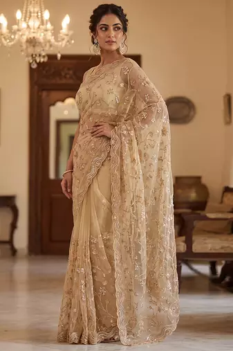 Beige embroidered net saree