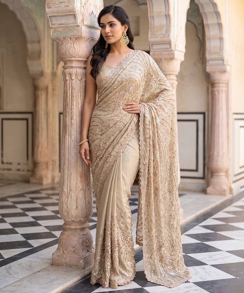 Beige embroidered net saree