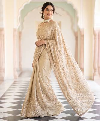 Beige embroidered net saree 2