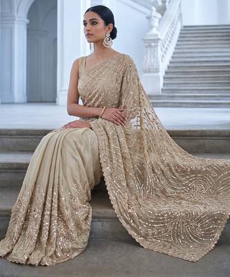 Beige embroidered net saree 4