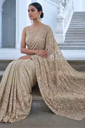 Beige embroidered net saree